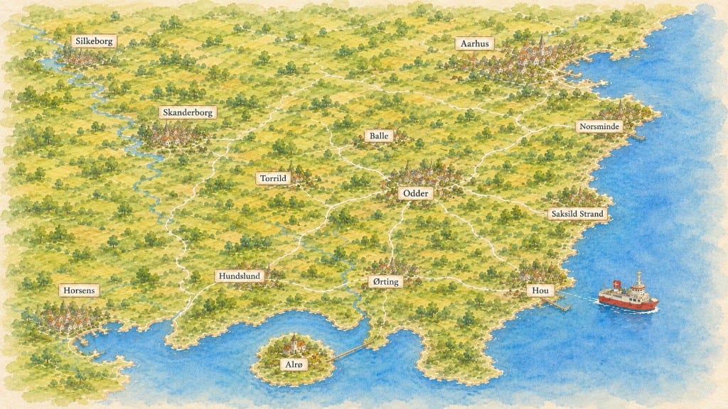 Akvarelkort over Odder Kommune og nabokommuner med byerne Odder, Hou, Ørting, Saksild Strand, Alrø, Hundslund, Aarhus, Horsens, Skanderborg og Silkeborg